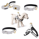 White Vegan Leather Harness, Dog Collar, Lead and Poo Bag Holder Complete Set